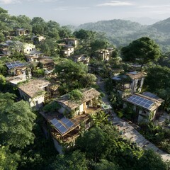 Obraz premium Aerial perspective of a self-sufficient community with solar-powered homes nestled in a dense, green tropical forest on a mountainside.