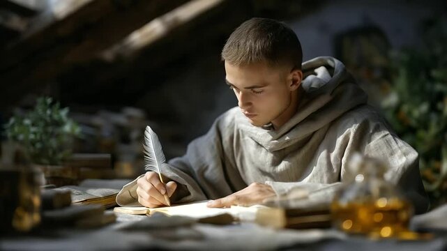 A dedicated monk writing in a scriptorium with natural light