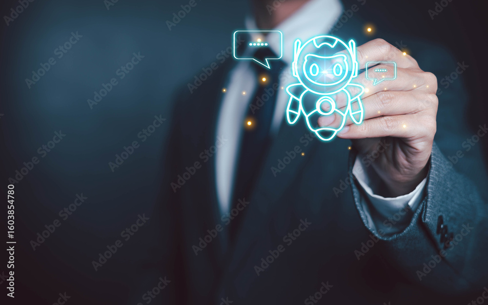 Poster  Using AI chat in search and giving to help in business has technology, to create computer concepts with robots as new digital software	
