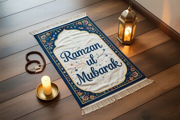 Warm glow of Ramadan lantern and prayer rug, creating a serene spiritual ambiance for reflection and devotion