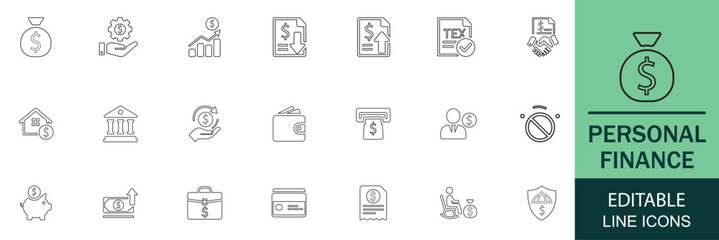 Personal finance icon set in modern line style. Includes key financial concepts like savings, budget, investment, salary, loan, banking, and insurance. Editable stroke.