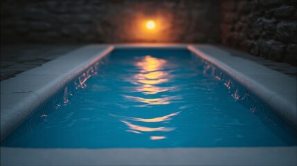 Obraz premium Calm blue water in a long rectangular pool with reflections of an orange light at dusk