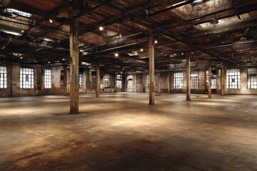 Vast, empty industrial space.  Large interior, exposed support beams, windows, and concrete floor.  Rustic, aged feel