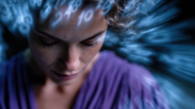 time-related superstitions, a superstitious woman is surrounded by swirling calendar pages as she checks her lucky numbers, capturing her time-related rituals and beliefs