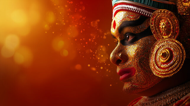 Modern Onam banner, Kathakali dancer face close-up with dramatic makeup and crown