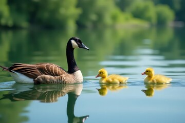 Obraz premium Two adult geese and two goslings swim peacefully on a calm lake , spring, nature, natural