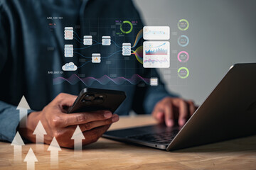 Business analytics, financial data, and growth strategy shown on a laptop as the analyst collects...