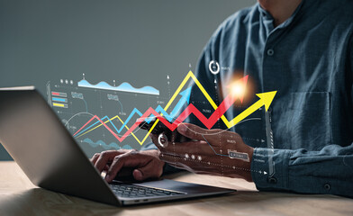 Business Growth Strategy, Businessman uses laptop to collect data, viewing business charts, graphic...