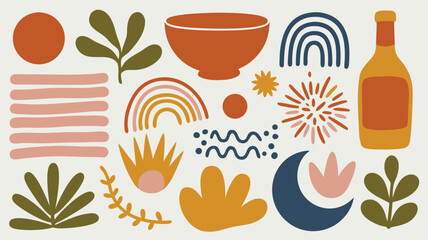 Bohemian Style Pattern with Plants, Rainbows, Bottle, Crescent Moon, and Decorative Elements