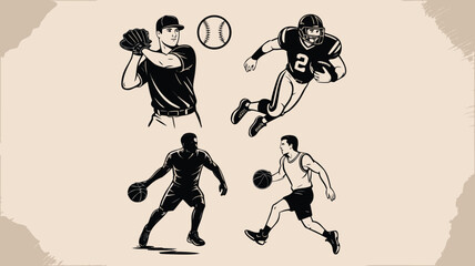 Fototapeta premium Black and White Illustration Baseball Pitcher, Football Player, and Basketball Players in Action