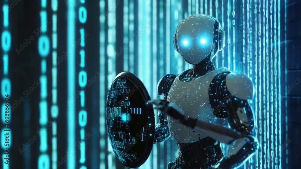 Poster futuristic robot holding shield in front of digital binary code background with glowing numbers and 