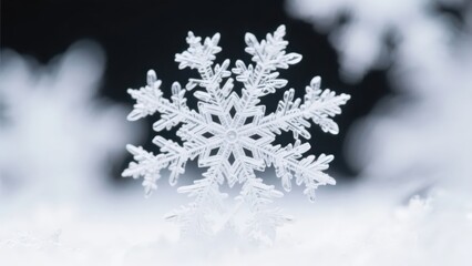A close - up of a snowflake with an exquisite structure, showing the symmetrical beauty and delicate texture of the ice crystal against a black - and - white background.
