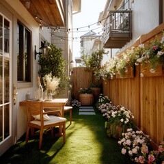 Sunny, charming backyard patio with wooden fence, flowers, and string lights