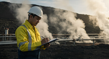 Obraz premium Industrial worker taking notes outdoors