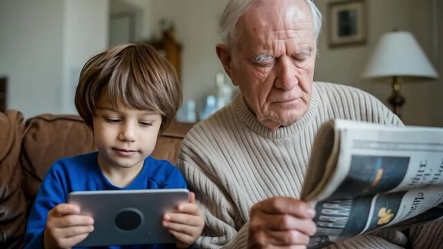 A grandson uses a digital tablet next to his grandfather who is reading a traditional newspaper, showing a generational contrast
