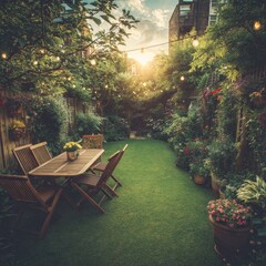 Obraz premium A sun-drenched garden courtyard with a wooden table and chairs, lush greenery, and string lights