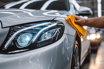 Polishing a silver car's front end