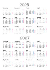 2026-2027年 年間カレンダー 月曜始まり 日本の祝日表記はありません