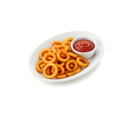 Top view curly fries with cachup isolated on white background.