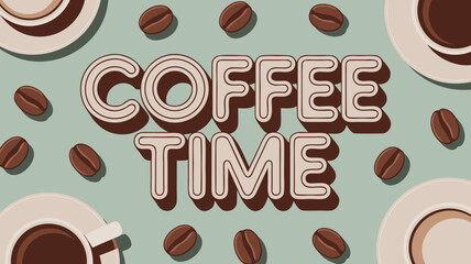 Coffee Time Text Surrounded by Cups and Beans on a Light Blue Background Image