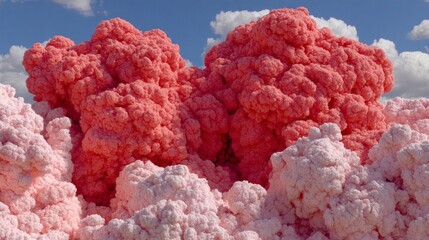 Textured pink and red crystalline formations against a blue sky with clouds