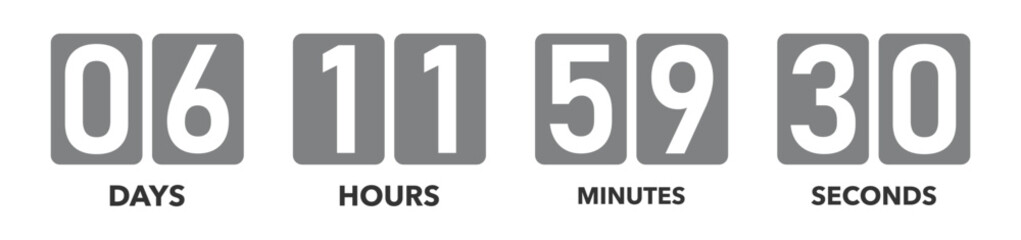 Flip Clock Countdown Timer – Retro Style Scoreboard with Days, Hours, Minutes, and Seconds for Web and Event Templates, vector illustration.