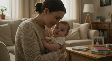 Mother lovingly cradling baby in living room