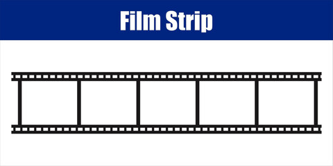 Horizontal Film Strip with Four Blank Frame Sections. Minimalist black-and-white film strip graphic featuring four blank rectangular photo slots.
