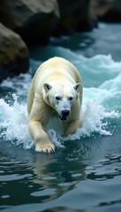Polar bear gracefully navigating a fast-flowing river current , ice, north pole