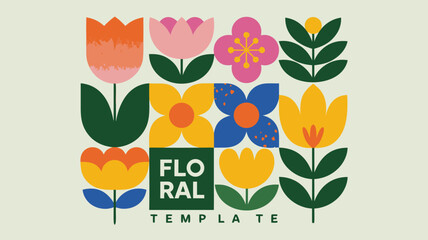 Geometric Floral Pattern Illustrated Design of Abstract Flowers, Leaves, and Text Layout