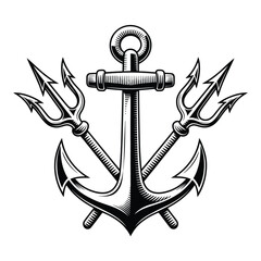 Anchor and Trident Illustration in Black and White Nautical Design