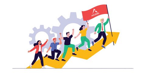 team following leader with red achieve flag on upward arrow, business growth and motivation concept illustration with gear icons on white background