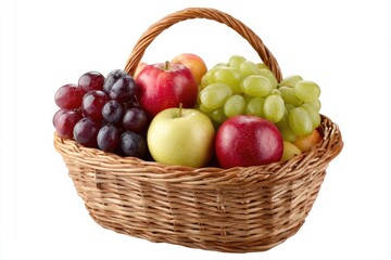 A Brown Wicker Basket Filled With Red And Green Apples And Red And Green Grapes On White Background