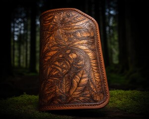 Intricate leather wallet design featuring a feather motif.