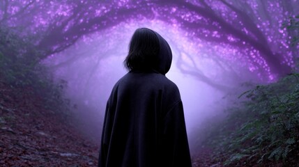 Person wearing hooded cloak walks through a mystical purple forest shrouded in fog