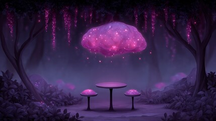 A surreal glowing purple forest clearing with a table and seats under a luminous cloud