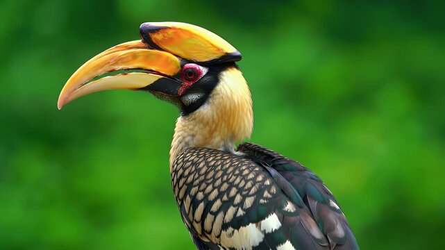 Majestic Great Hornbill Portrait in Natural Habitat. Close-up of Exotic Tropical Bird with Distinctive Beak and Casque Against Lush Green Background.