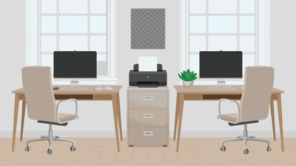 Illustrated Office Workspace with Dual Desks, Computer Monitors, Filing Cabinet, and Rolling Chairs