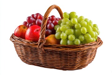 A Brown Wicker Basket Filled with Red and Green Grapes and Red Apples on White Background