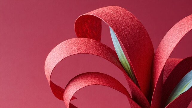 Abstract textured red paper ribbons intertwined with green and blue paper elements on a solid red background