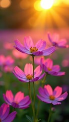 Fototapeta premium Vibrant purple cosmos sway gently, bathed in golden sunlight , landscape, wind