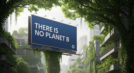 Overgrown cityscape with there is no planet b billboard