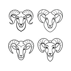 A set of wild ram head line art vector illustration