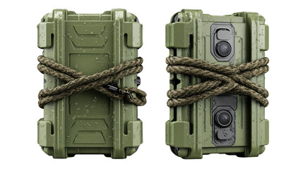 Intriguing still life, two green cameras bound together with rustic rope in a conceptual photography scene