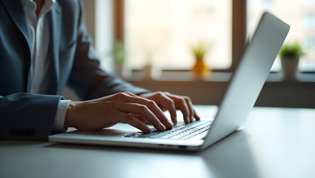 Professional businessman in a formal suit diligently working and typing on a modern laptop at an office desk. - Powered by Adobe