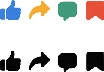 social media user interface icons with like share speech bubble and bookmark in flat and outline