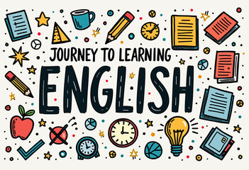 Engaging Hand-Drawn "Journey to Learning English" Vector Illustration with Educational Icons, Perfect for Inspiring Students on Online Platforms, Language Schools, or Self-Study Programs.
