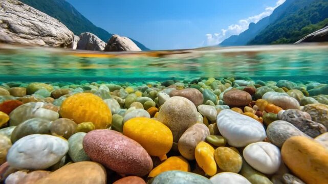 Tranquil Waterscape: A split-level view reveals an aquatic marvel &ndash; a vibrant, stone-filled riverbed merges with the crystal-clear, turquoise waters above, under a boundless sky.