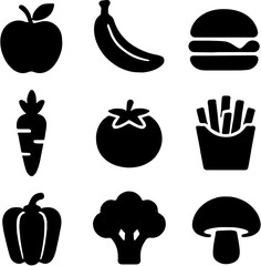 black food item silhouette icons set including fruits vegetables and fast food