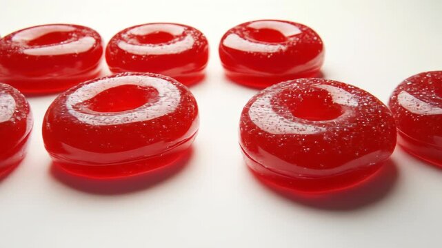 Close-up shot of delicious red hard candies on a seamless white surface revealing bright, sweet
